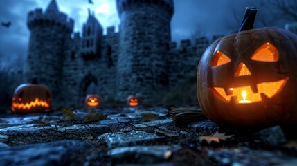Obraz premium Haunted Gothic castle lit by sinister jack-o'-lanterns, skeletal sentinels at attention, witch's broom propped against the ancient walls