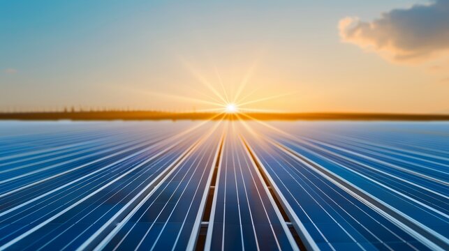 High-tech solar farm funded by corporate investments, endless fields of solar panels generating renewable energy, a step towards decarbonization and sustainable finance