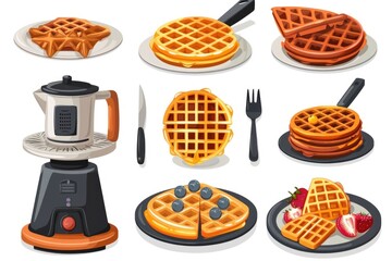 Various types of waffles served on plates
