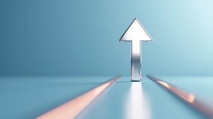 Fototapeta premium Metallic arrow pointing upwards, symbolizing growth and progress, on a sleek blue gradient background with subtle light reflections, representing success and forward momentum