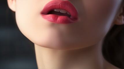 Fototapeta premium Closeup a sexy young woman with red lipstick on black background