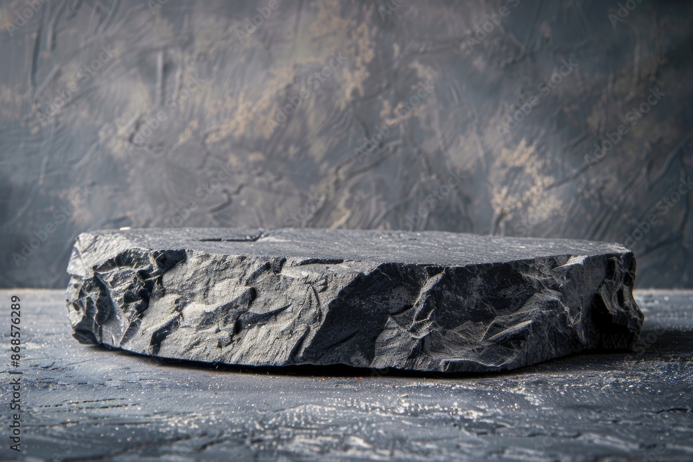 Poster a large rock sitting on a table, with a simple and rustic design