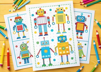 Colorful robots themed activity page for kids featuring dot-to-dot, find-the-pair games, and other fun exercises on a printable sheet with vibrant illustrations.