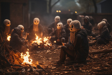 A community Halloween bonfire event, with people in costumes, toasting marshmallows, and telling ghost stories