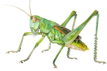 A colorful watercolor painting of a green grasshopper on a white background