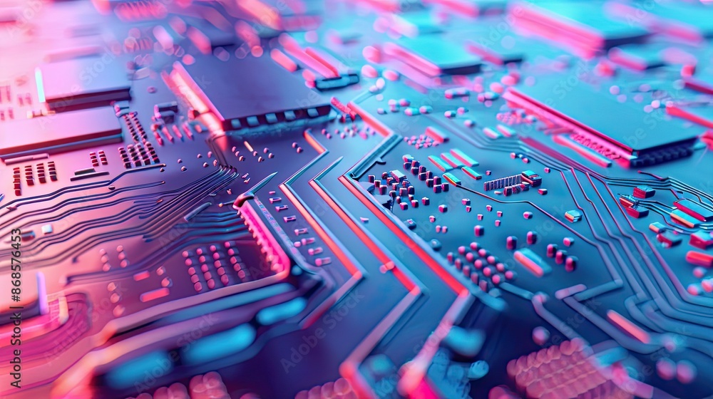 Poster close-up of a colorful circuit board with intricate electronic components and pathways, showcasing m