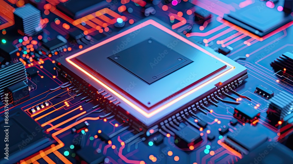 Poster close-up of a modern cpu on a motherboard with intricate circuitry and vibrant lighting, showcasing 