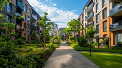 Fototapeta premium Residential area with ecological and sustainable green residential buildings, low-energy houses with apartments and green
