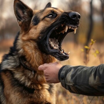 Aggressive dog bites, german shepherd attacks a man and bites his hand, training pets, rabid animals