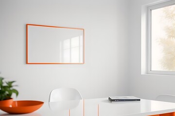Mockup white frame on full orange modern table on wall
