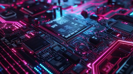 Glowing Circuit Board with Neon Lights