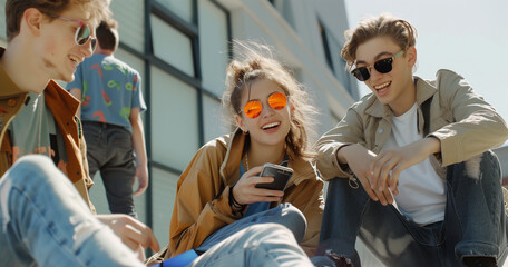 group of Young people playing with mobile phones in the park