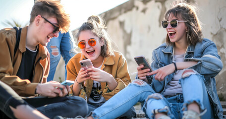 group of Young people playing with mobile phones in the park