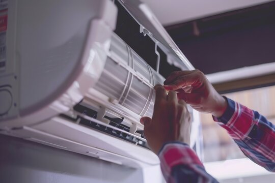 Technician servicing filters in home air conditioning split system with empty space for text