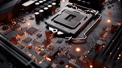 Fototapeta premium A detailed close-up of an electronic circuit board showcasing intricate pathways and components. 