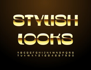 Vector elite Emblem Stylish Looks. Exclusive Gold Font. Modern Elegant Alphabet Letters and Numbers set.