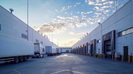 Obraz premium A large warehouse with a lot of trucks parked in it