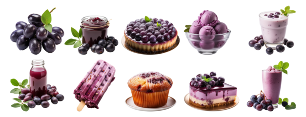 Set of jamuns/ Indian blackberry and its dishes: jam, tart, ice cream, smoothie, popsicle, muffin, cheesecake, juice, shake. Seasonal fruit food photography.