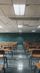 Fototapeta premium Classroom with Tables and Students Stuff on Tables
