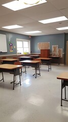 Classroom with Tables and Students Stuff on Tables