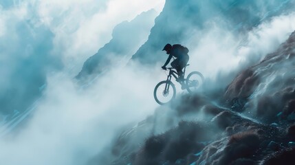 A man is riding a bike down a mountain in the fog