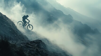 A man is riding a bike down a mountain in the fog