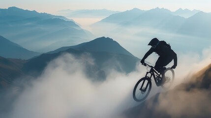 A man is riding a bike down a mountain with a hazy sky in the background