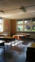 Obraz premium Classroom with Tables and Students Stuff on Tables