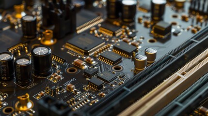 A detailed close-up of an electronic circuit board showcasing intricate pathways and components.  