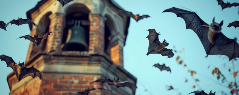 A flock of bats flying around an old bell tower at dusk, creating a spooky and eerie atmosphere in the evening sky.