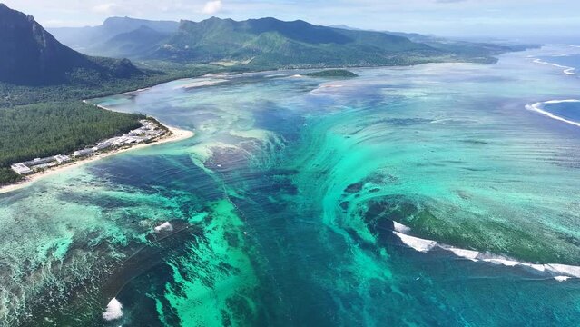 Underwater Waterfall At Le Morne Beach Mauritius Island Mauritius. Aerial Beach Le Morne Beach Mauritius Island. Paradise Landscape Peaceful Beautiful. Paradise Summertime Peaceful Watercolor Coast.