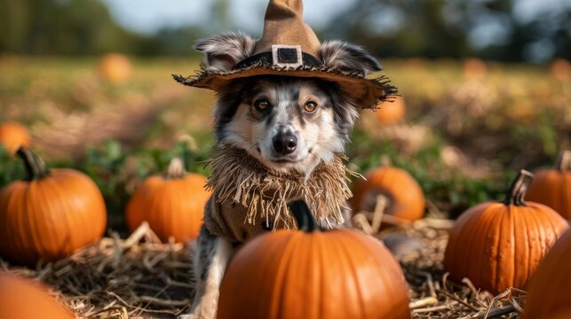 Adorable dog in a scarecrow costume sitting among pumpkins in a pumpkin patch on a sunny day, capturing the autumn harvest spirit.
