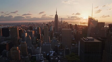 Sunset Over modern City Aerial View Highlighting the Empire State Building and Skyscrapers