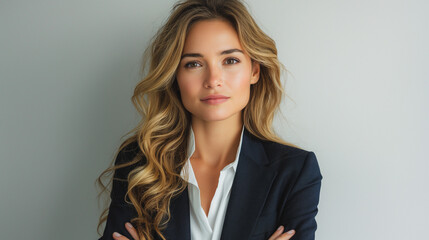 Professional businesswoman with arms crossed, formal suit, isolated on white background, confident and successful, high-quality image, executive profile, leadership