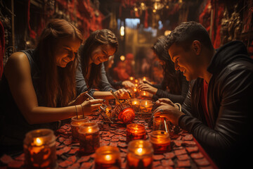 A Halloween-themed escape room with participants trying to solve puzzles amidst creepy decor and hidden surprises