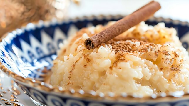 A closeup of a Portuguese arroz doce, showing its creamy rice pudding texture and cinnamon garnish, arranged on a traditional plate with a bright backdrop