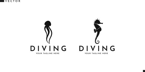 Seahorse and jellyfish logo. Scuba diving sign. Isolated animals on white background