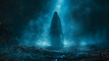 Mysterious figure shrouded in dark forest mist at night