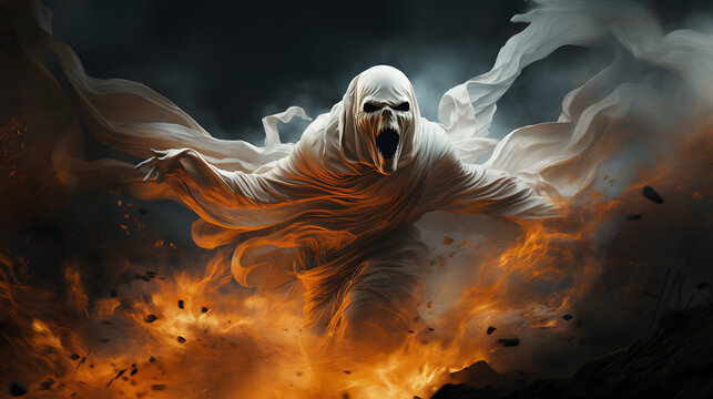 Scary ghost in the fire, halloween concept. 3d rendering. Halloween ghost. Scary Halloween Ghost, Creepy, haunted. 