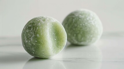 A closeup shot of a delicate matcha mochi, revealing its smooth, chewy texture and vibrant green color, set against a minimalistic white background with soft, natural lighting
