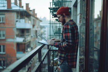 Bad neighborhood, upset man, ghetto balcony, gray high-rise buildings, poverty in eastern Europe, fire