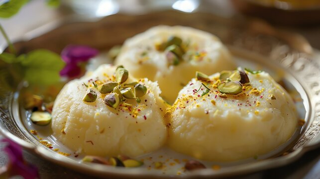 A detailed closeup of soft, fluffy sandesh, garnished with pistachios and saffron, placed on a traditional Bengali plate with soft, natural lighting highlighting the textures