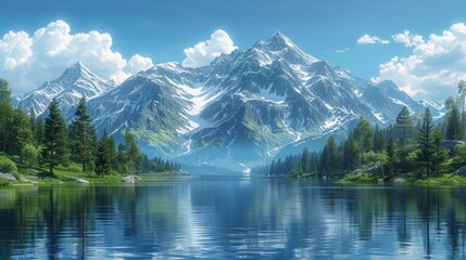 Illustration tranquil mountain lake surrounded by pine forests, with the clear blue water reflecting the snow-capped peaks and a clear sky.