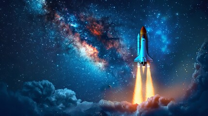 Obraz premium Night Sky Rocket Launch: Spaceship Mission to Space, Futuristic Exploration Concept