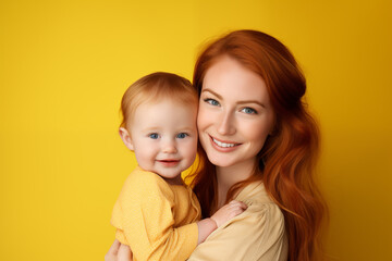 Young pretty Redhead girl over colorful background with newborn baby