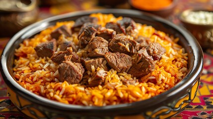 A detailed shot of Turkmen plov, with its aromatic rice and tender meat, served in a traditional plate against a bright, colorful background with natural lighting