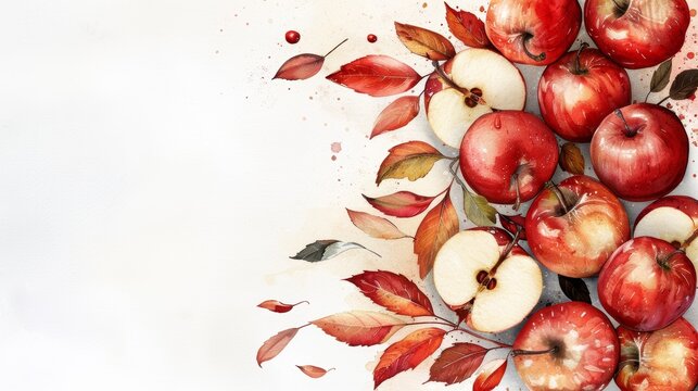 Watercolor apples and fall leaves, rich autumn harvest, orchard abundance, and copy space for text