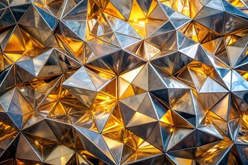 Vibrant abstract polygonal backdrop featuring crystal-like geometric shapes in shimmering silver and gold hues with reflective surfaces and intricate angular patterns.