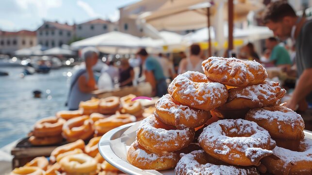 A dynamic image of a Croatian fritule, with its golden, crispy exterior and dusting of powdered sugar, set against a bustling seaside market backdrop