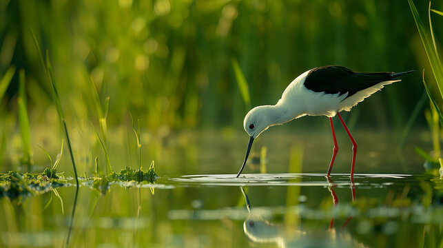 A black and white bird is standing in a body of water, looking down at the water